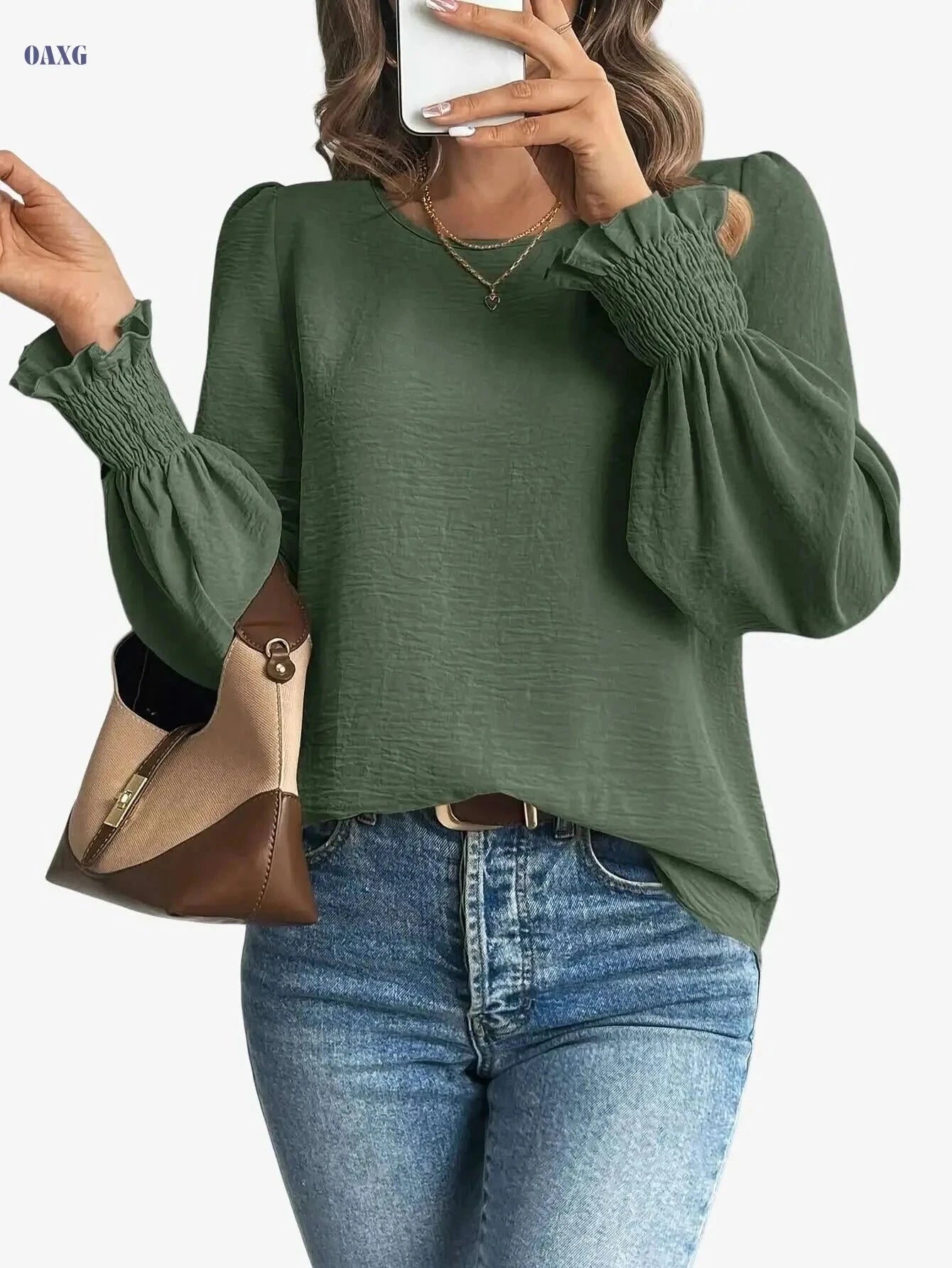 Elegant Solid Color Blouse - Crew Neck Ruffle Hem for Women   OAXG Black / S