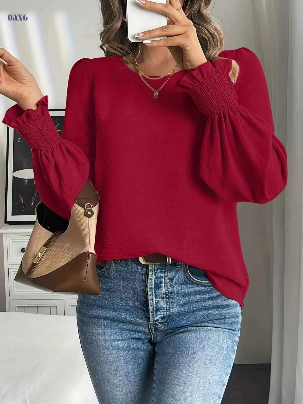 Elegant Solid Color Blouse - Crew Neck Ruffle Hem for Women   OAXG Black / S