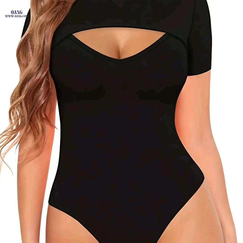 Elegant Solid Color Bodysuit - Women's Slim Fit Short Sleeve   OAXG Black / S