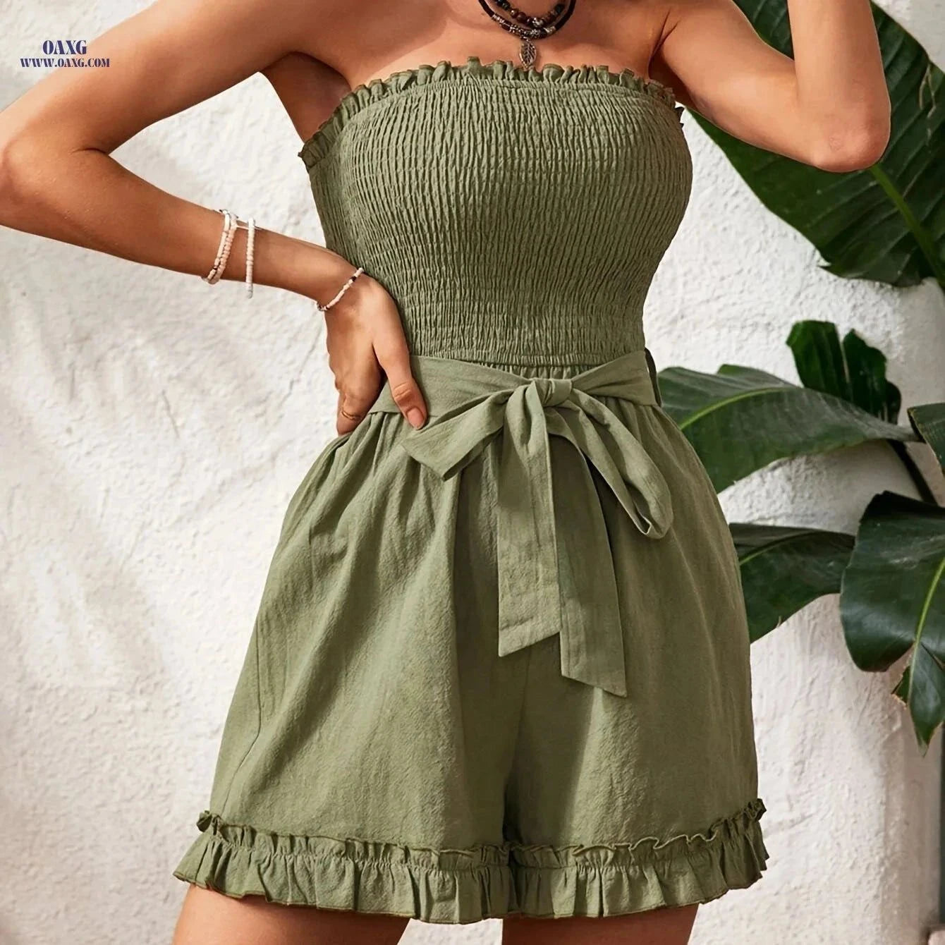 Elegant Solid Color Bustier Jumpsuit - Fashionable Strapless Style   OAXG Army Green / S