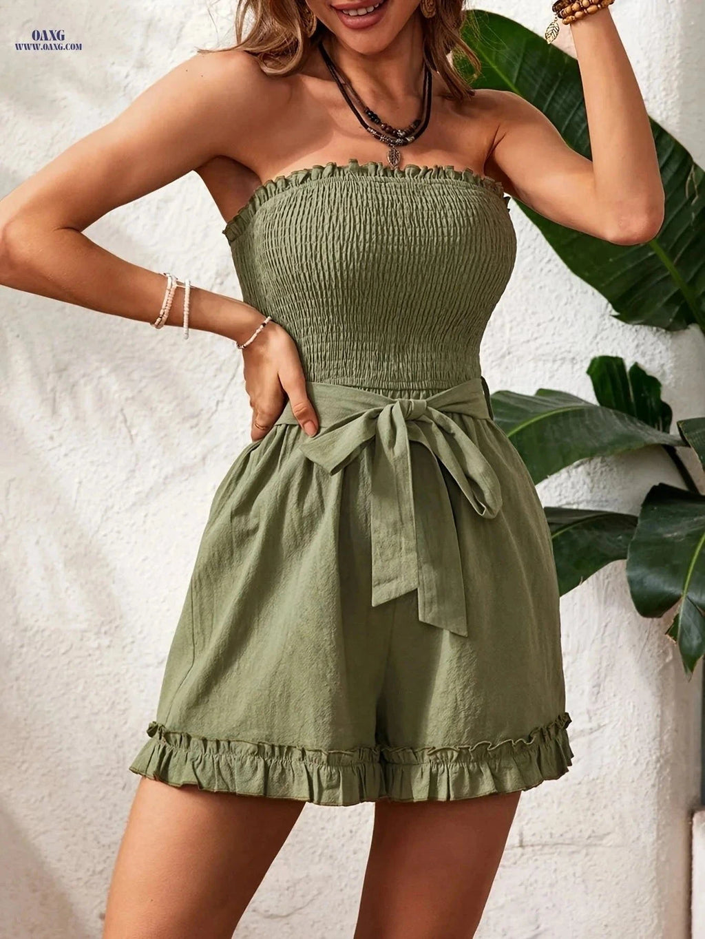 Elegant Solid Color Bustier Jumpsuit - Fashionable Strapless Style   OAXG Army Green / S