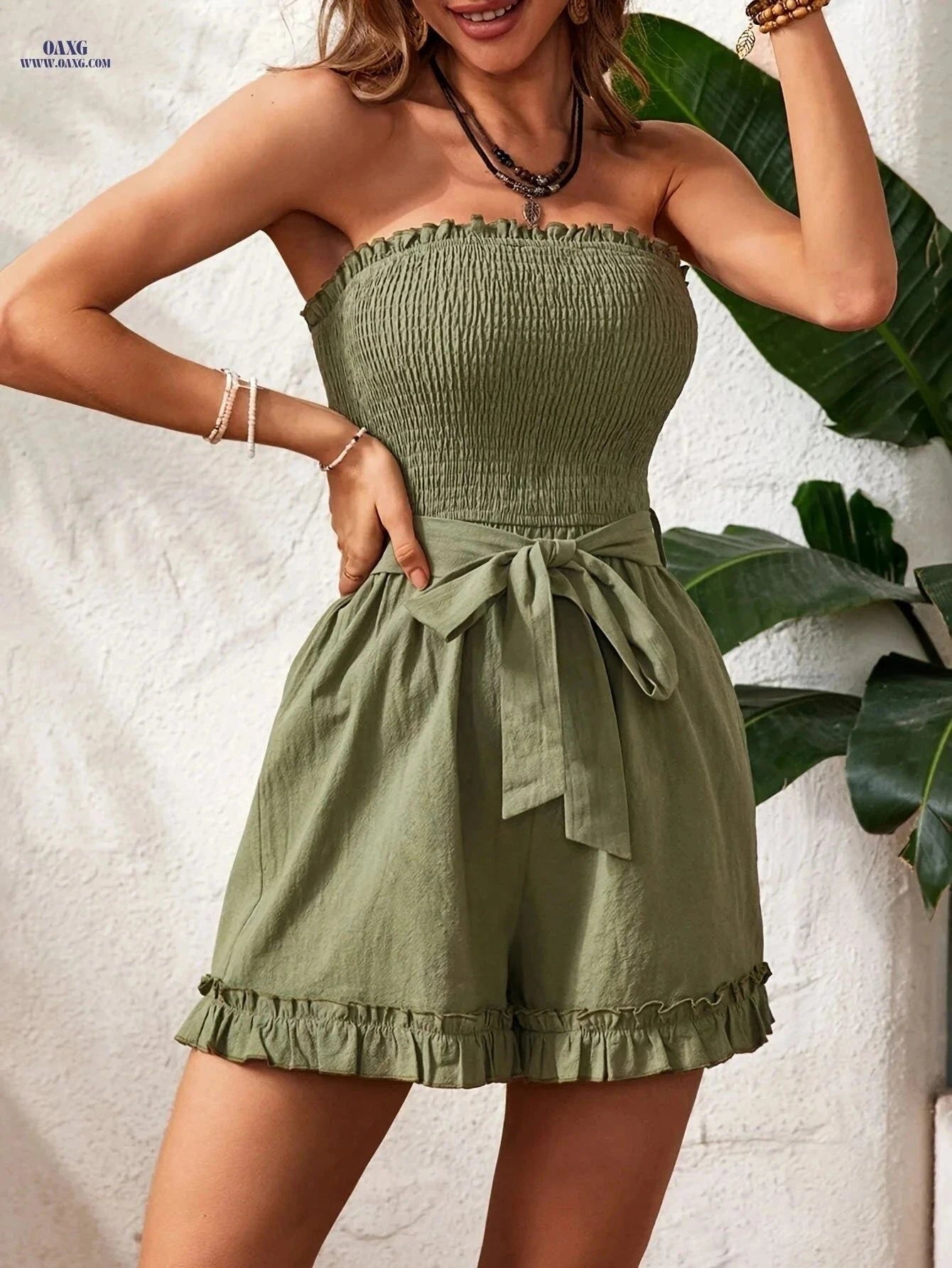 Elegant Solid Color Bustier Jumpsuit - Fashionable Strapless Style   OAXG Army Green / S