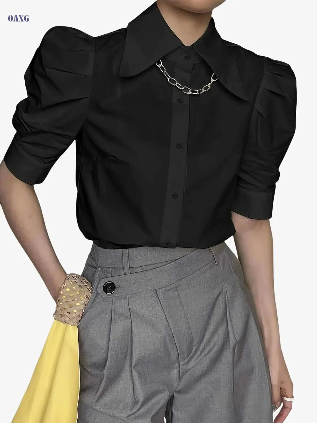 Elegant Solid Color Button-Front Short Sleeve Shirt - Women's Polyester   OAXG 