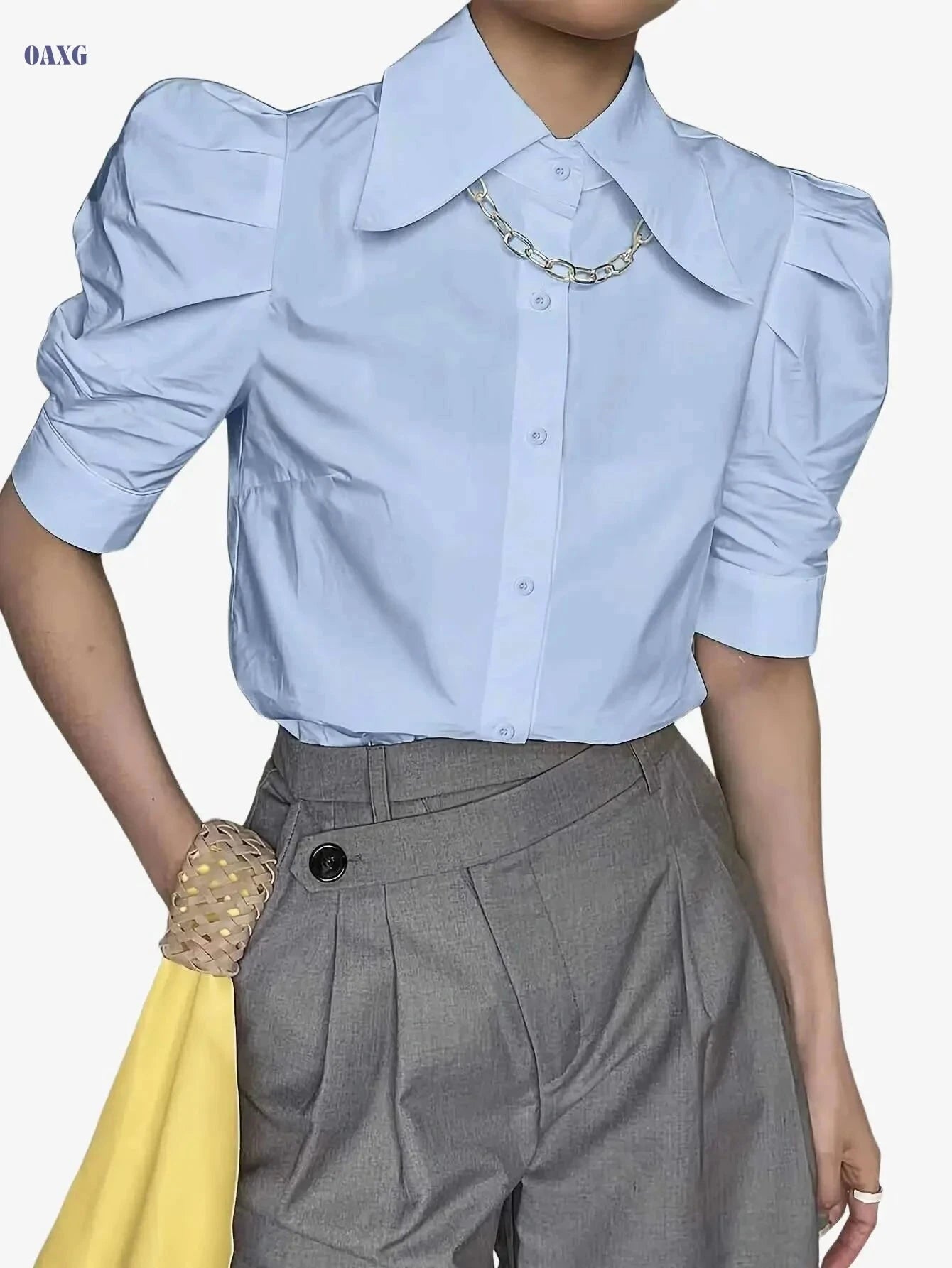 Elegant Solid Color Button-Front Short Sleeve Shirt - Women's Polyester   OAXG White / S