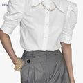 Elegant Solid Color Button-Front Short Sleeve Shirt - Women's Polyester   OAXG White / S