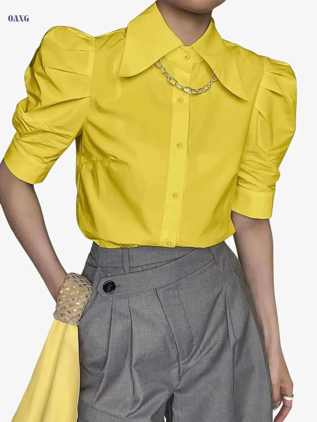 Elegant Solid Color Button-Front Short Sleeve Shirt - Women's Polyester   OAXG White / S
