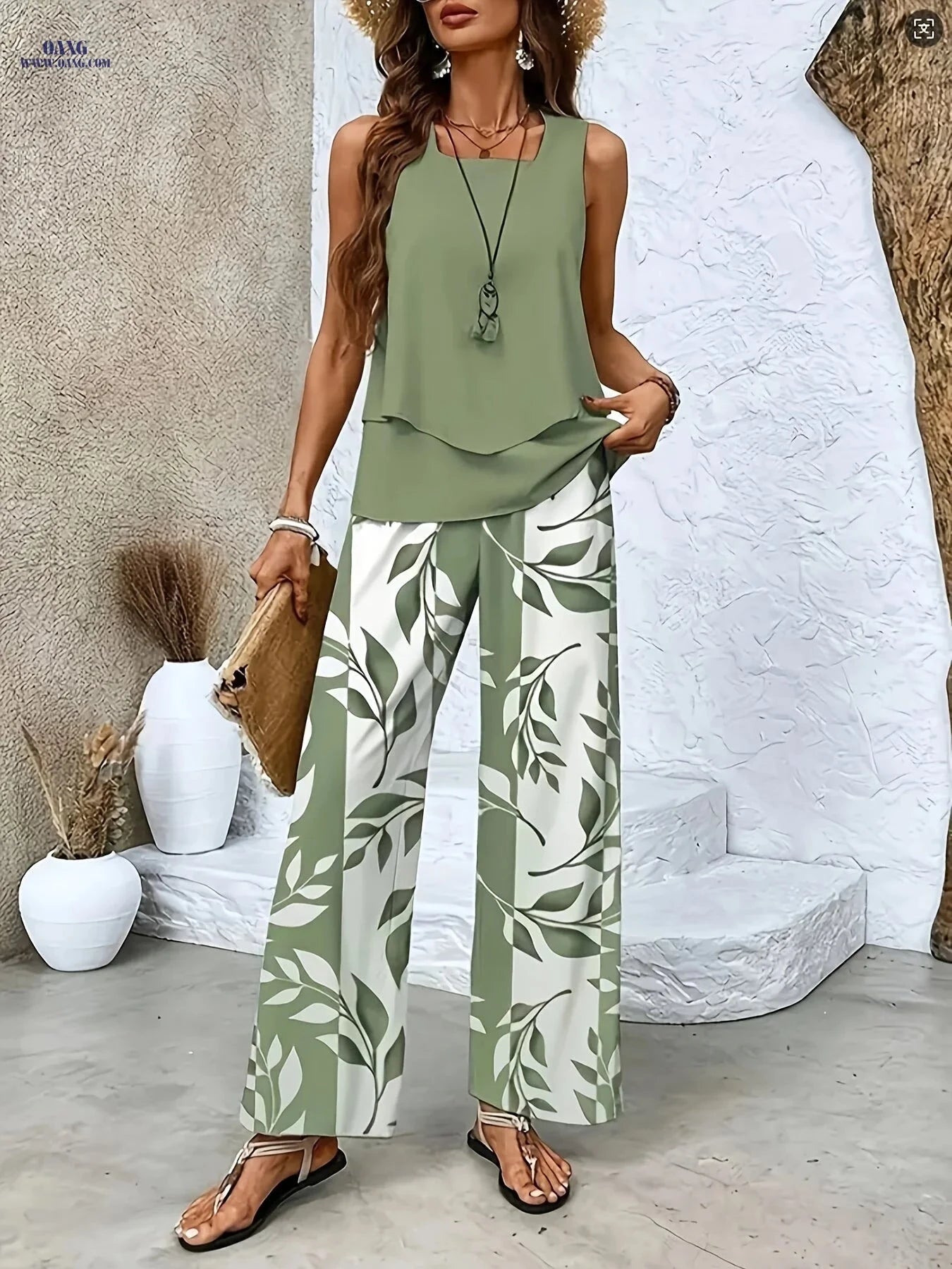 Elegant Solid Color Cardigan and Pants Set - Sleeveless Style   OAXG 