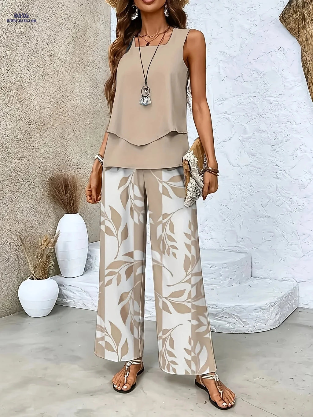 Elegant Solid Color Cardigan and Pants Set - Sleeveless Style   OAXG 