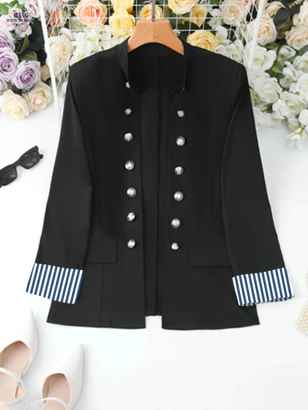 Elegant Solid-Color Cardigan - Button Detail & Striped Cuffs   OAXG Black / S