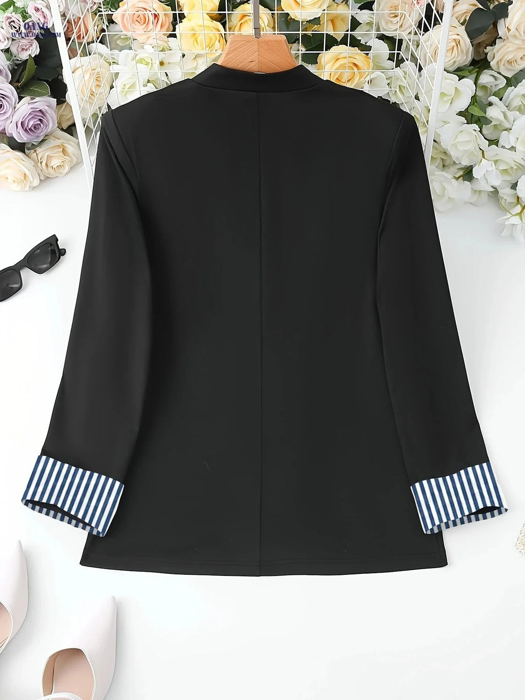 Elegant Solid-Color Cardigan - Button Detail & Striped Cuffs   OAXG Black / S
