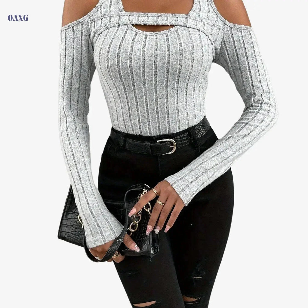 Elegant Solid Color Crew Neck Tee - High Elasticity Knit Fabric   OAXG grey / XS