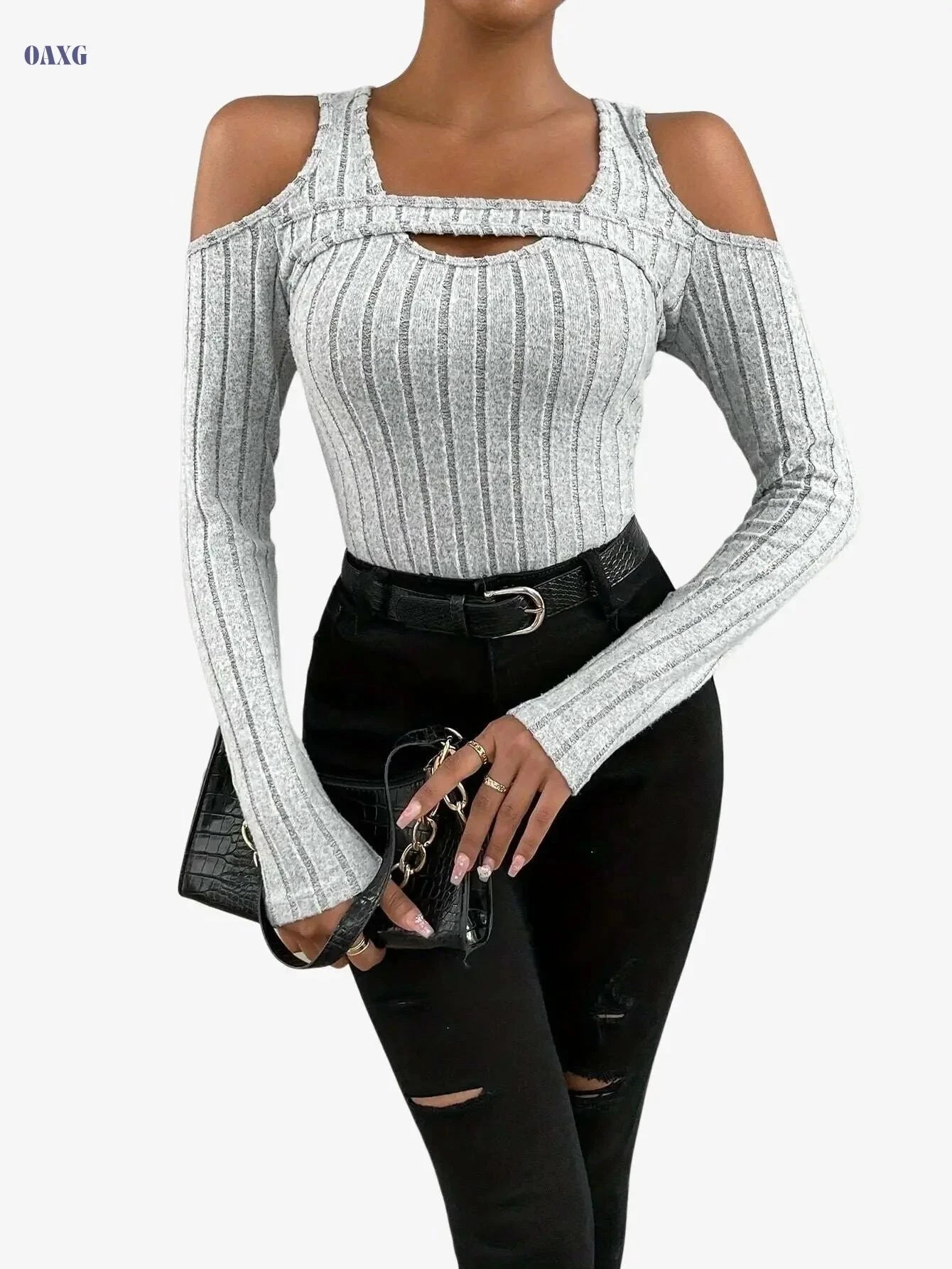 Elegant Solid Color Crew Neck Tee - High Elasticity Knit Fabric   OAXG grey / XS