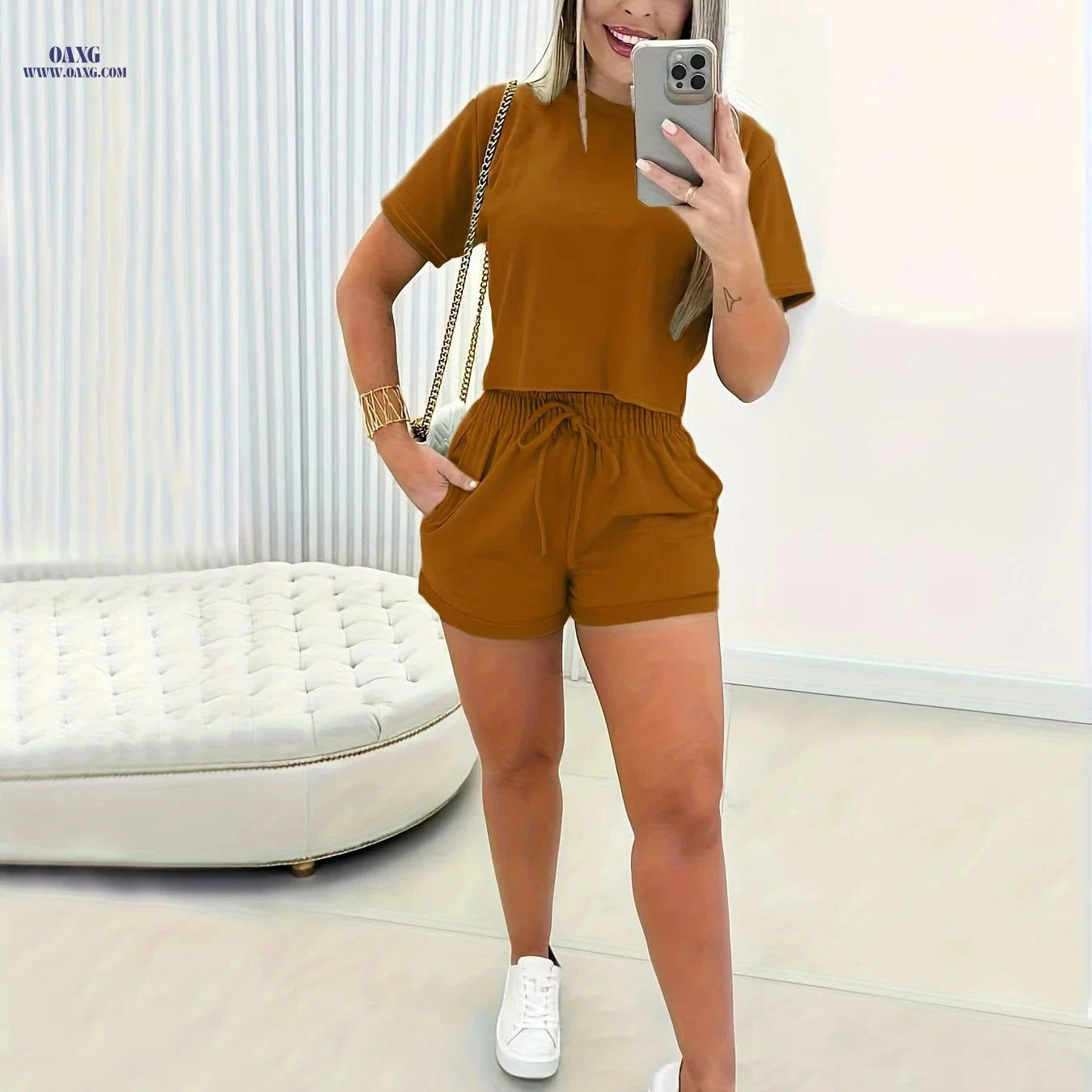 Elegant Solid Color Crop Top and Shorts Set - Spring/Summer Style   OAXG 