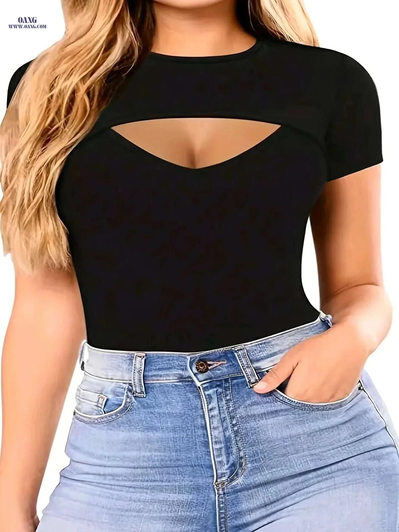 Elegant Solid Color Cut Out Bodysuit - Women's Slim Fit Style   OAXG 