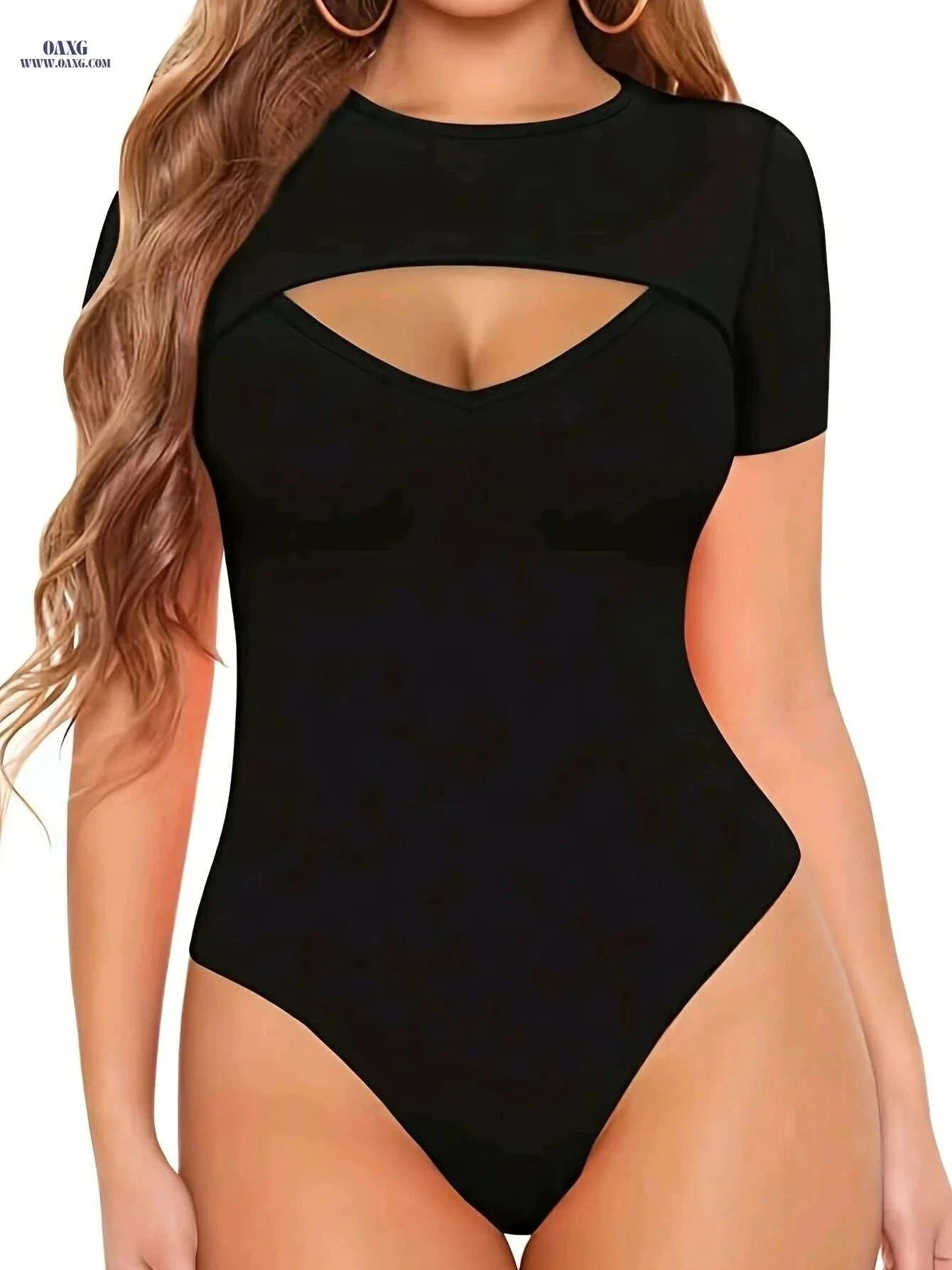 Elegant Solid Color Cut Out Bodysuit - Women's Slim Fit Style   OAXG Black / S