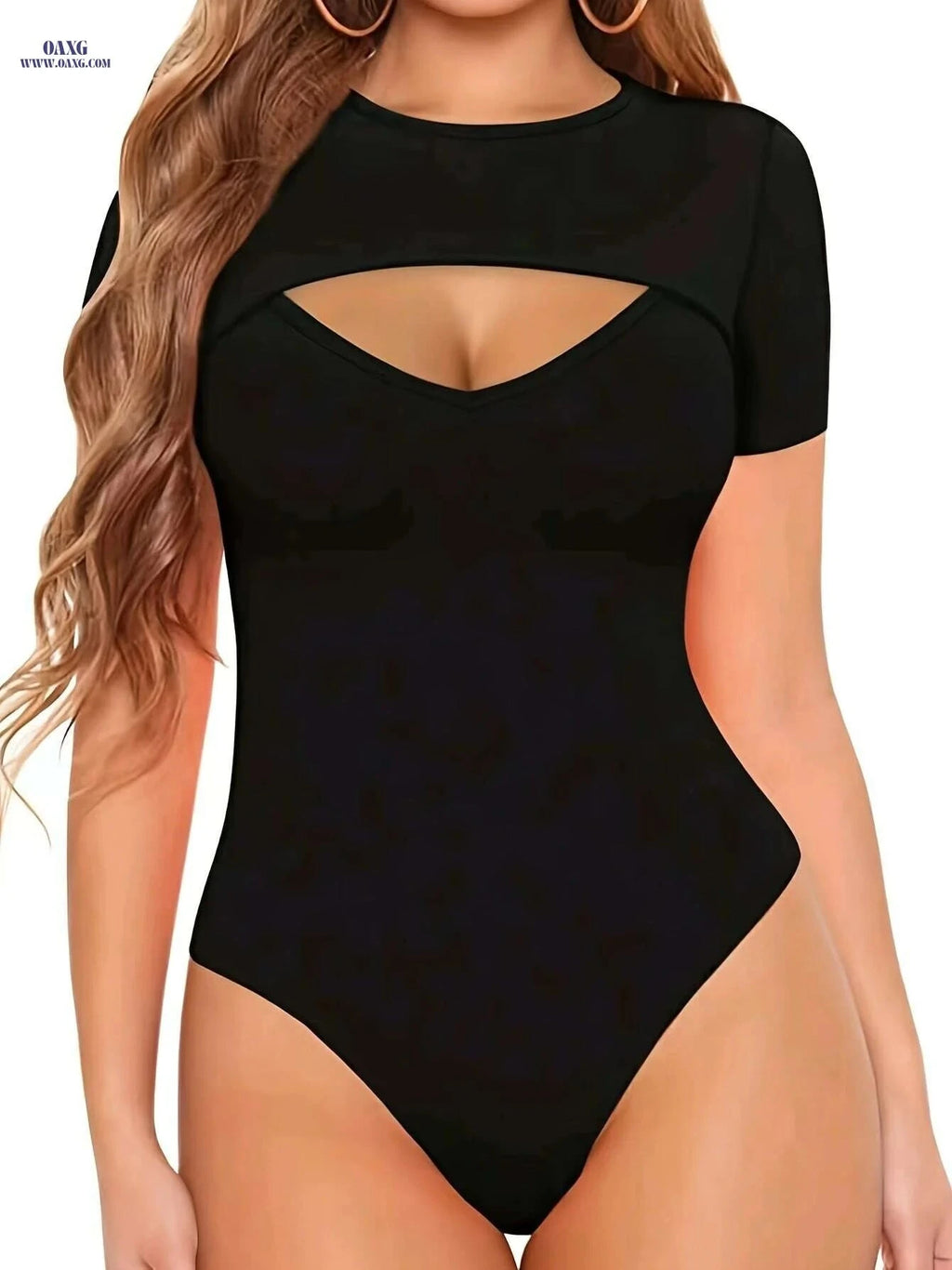 Elegant Solid Color Cut Out Bodysuit - Women's Slim Fit Style   OAXG Black / S