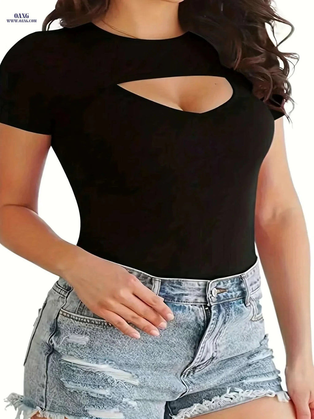 Elegant Solid Color Cut Out Bodysuit - Women's Slim Fit Style   OAXG 