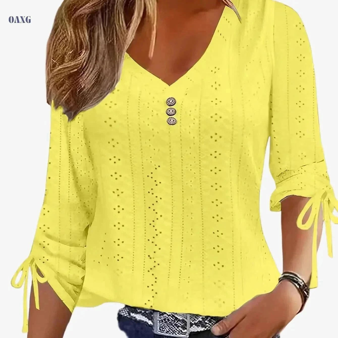 Elegant Solid Color Jacquard Button Shirt - Long Sleeve V-Neck   OAXG White / S