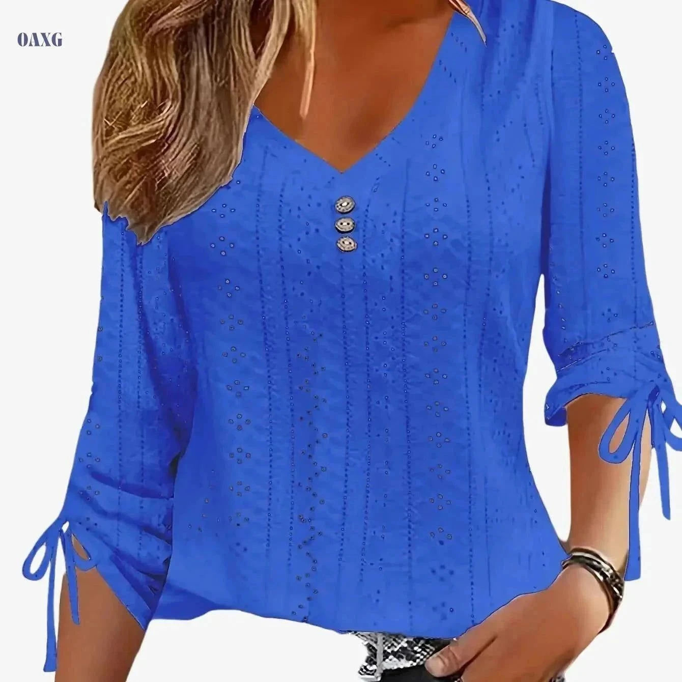 Elegant Solid Color Jacquard Button Shirt - Long Sleeve V-Neck   OAXG White / S