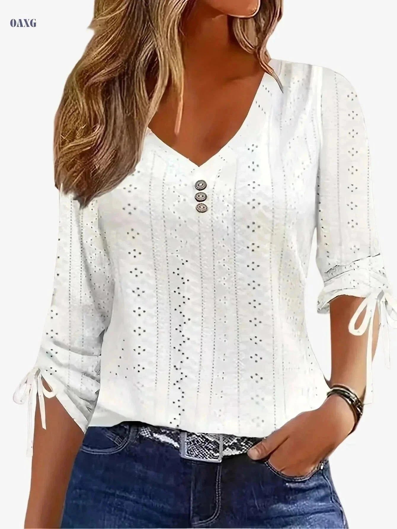 Elegant Solid Color Jacquard Button Shirt - Long Sleeve V-Neck   OAXG White / S