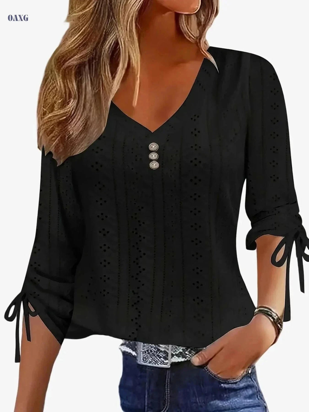 Elegant Solid Color Jacquard Button Shirt - Long Sleeve V-Neck   OAXG White / S