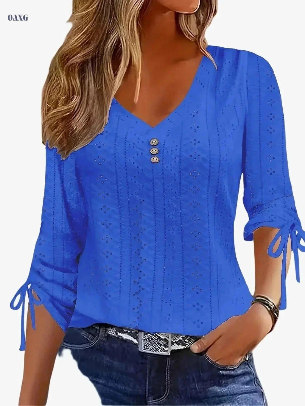 Elegant Solid Color Jacquard Button Shirt - Long Sleeve V-Neck   OAXG White / S