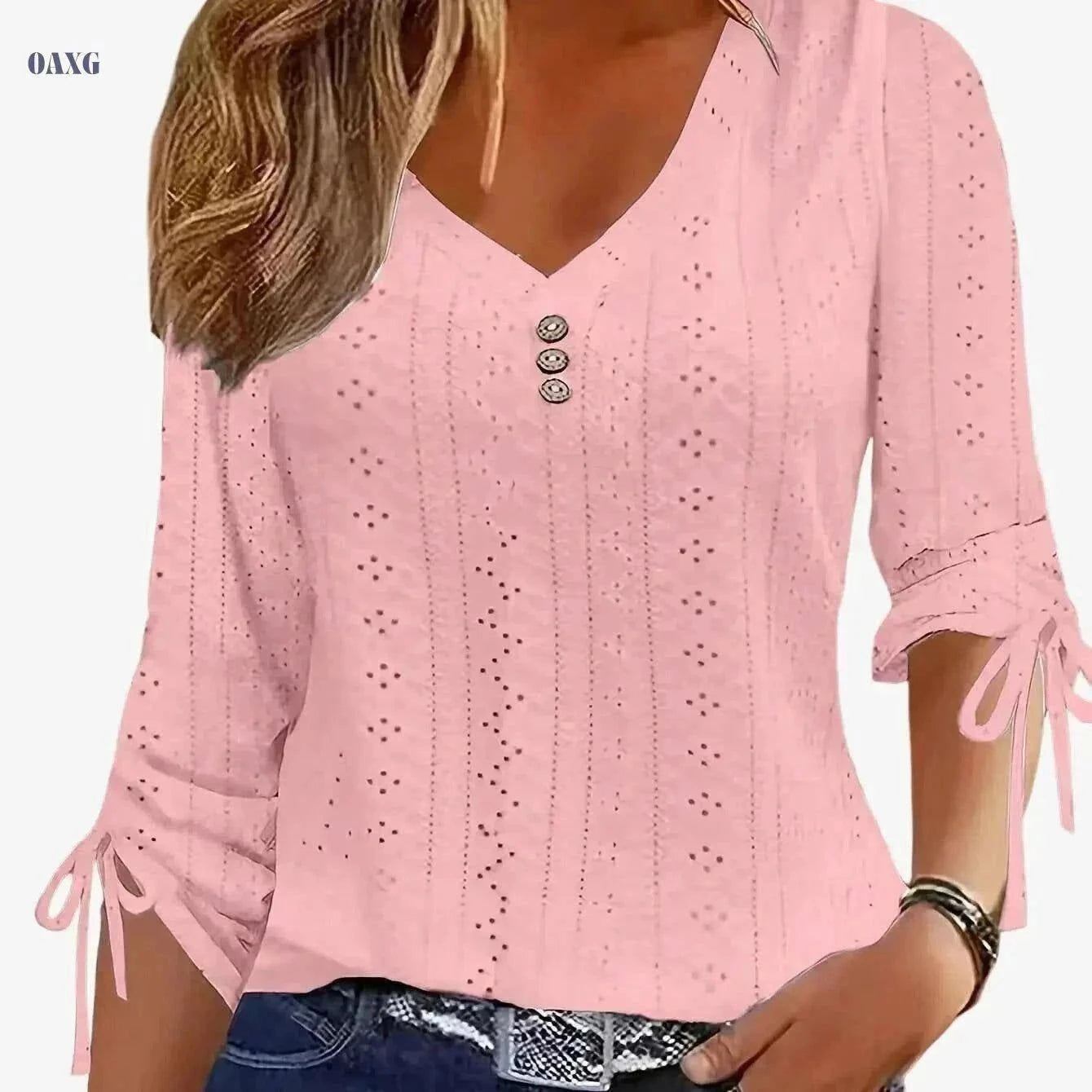 Elegant Solid Color Jacquard Button Shirt - Long Sleeve V-Neck   OAXG White / S