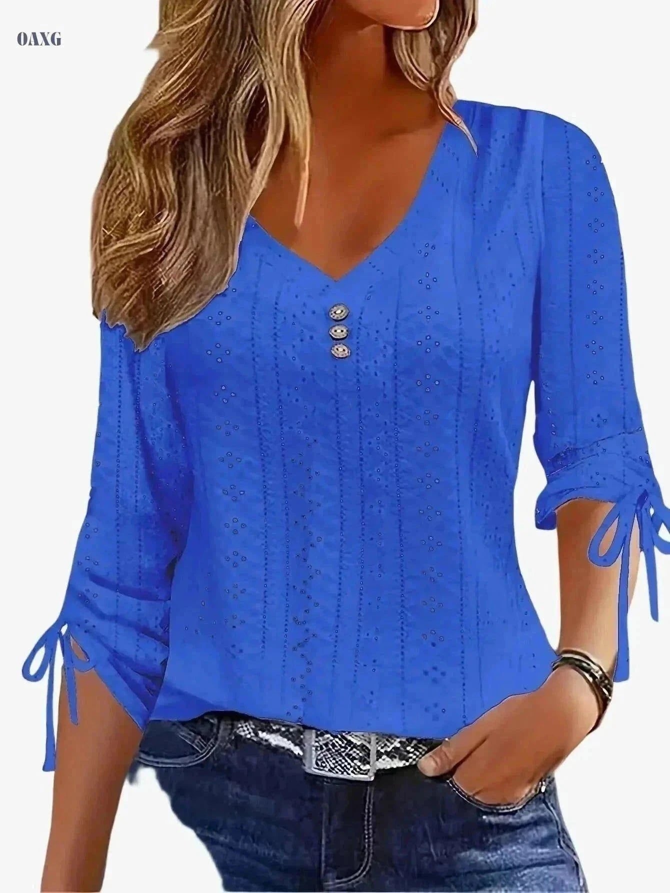 Elegant Solid Color Jacquard Button Shirt - Long Sleeve V-Neck   OAXG White / S