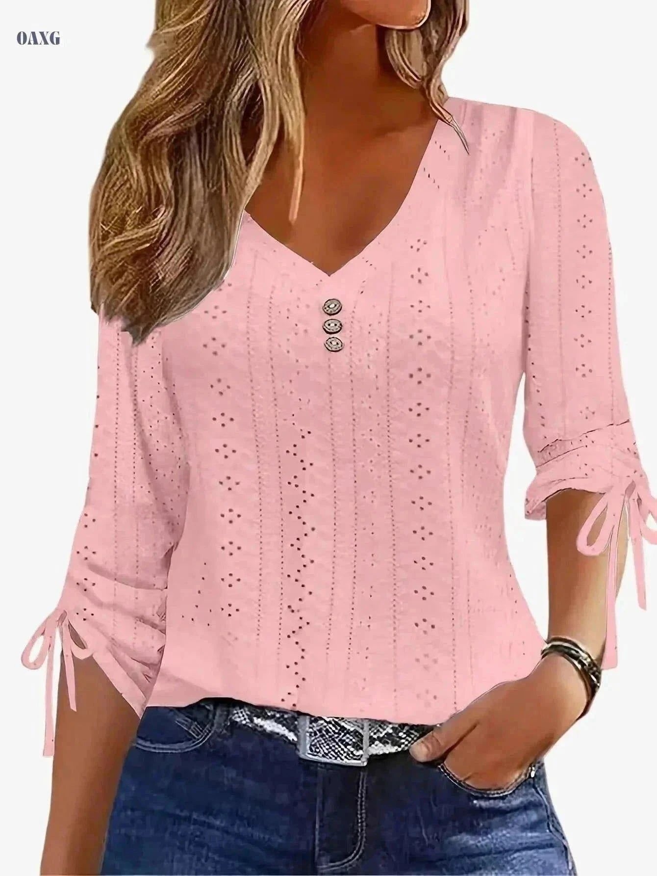 Elegant Solid Color Jacquard Button Shirt - Long Sleeve V-Neck   OAXG White / S