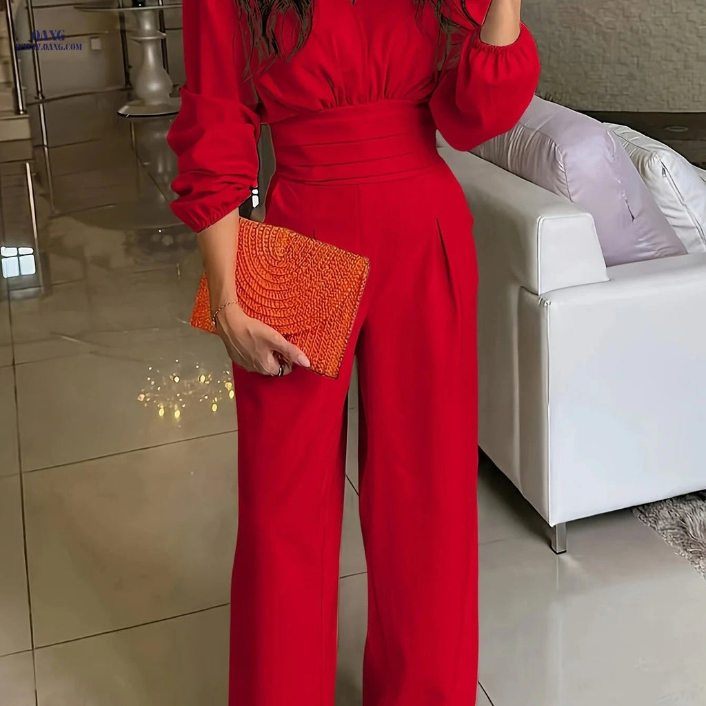 Elegant Solid Color Jumpsuit - Casual V-Neck, Long Length Style   OAXG 