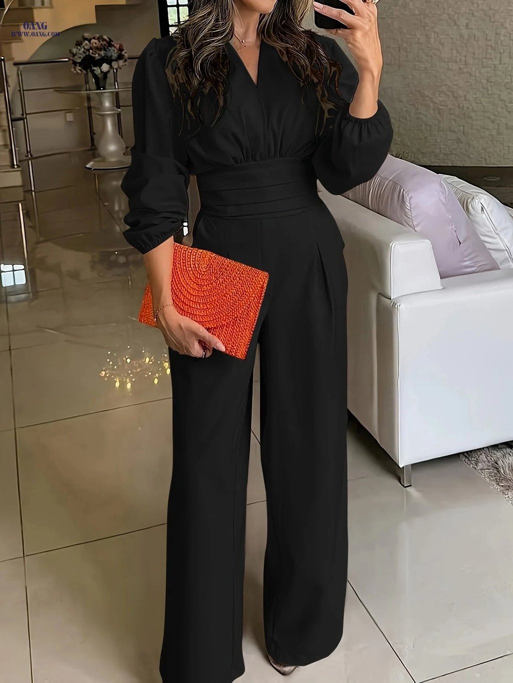 Elegant Solid Color Jumpsuit - Casual V-Neck, Long Length Style   OAXG 