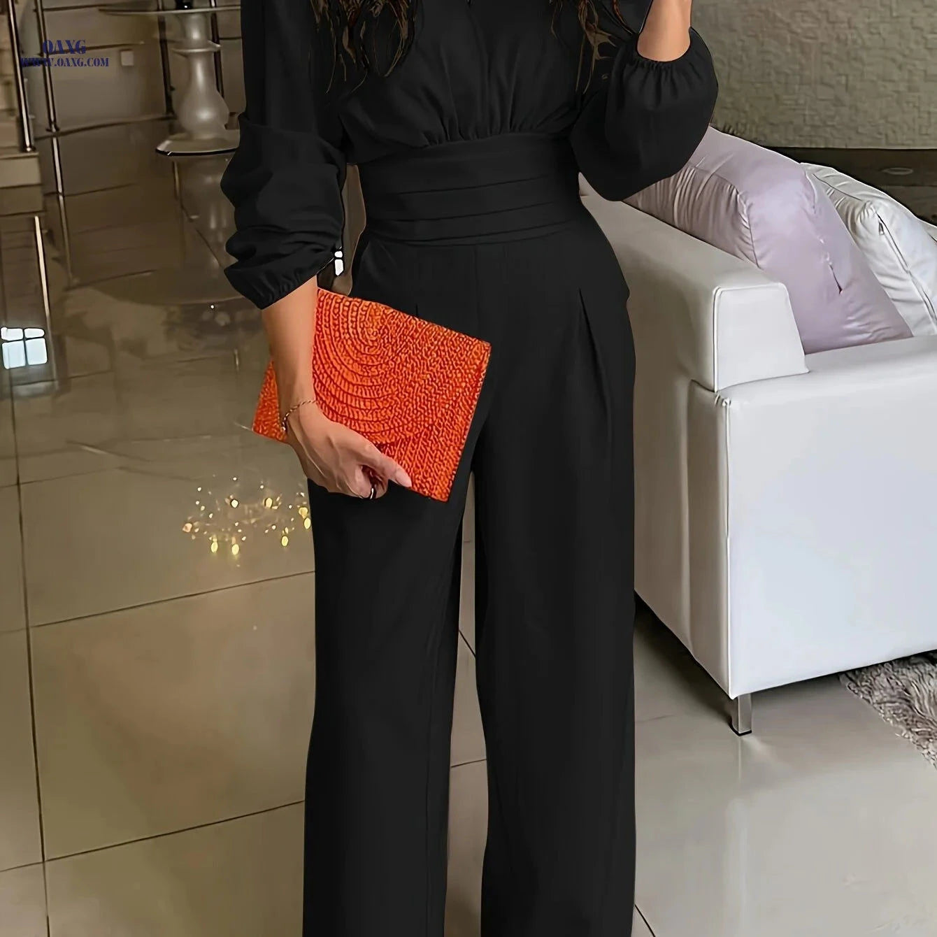 Elegant Solid Color Jumpsuit - Casual V-Neck, Long Length Style   OAXG Red / S