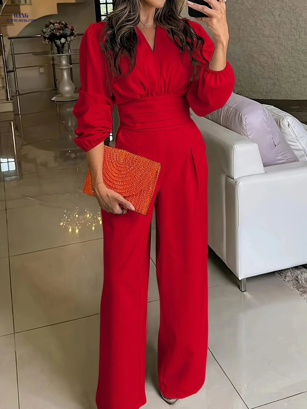 Elegant Solid Color Jumpsuit - Casual V-Neck, Long Length Style   OAXG Red / S