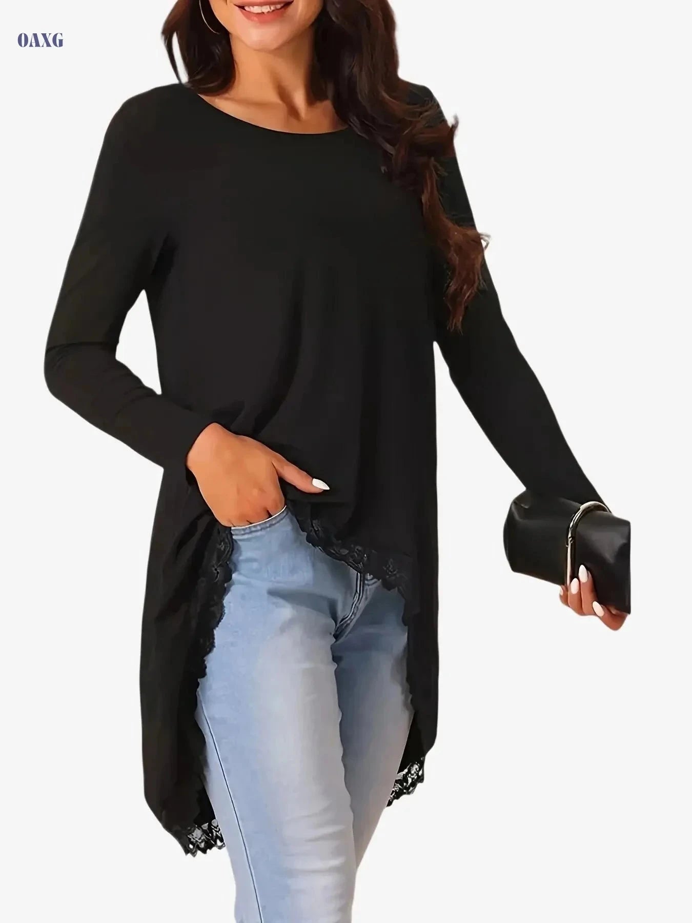 Elegant Solid Color Lace Patchwork Top - Round Neck, Irregular Sleeve   OAXG 