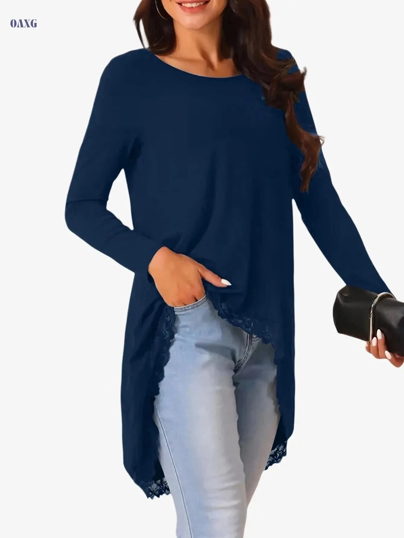 Elegant Solid Color Lace Patchwork Top - Round Neck, Irregular Sleeve   OAXG 