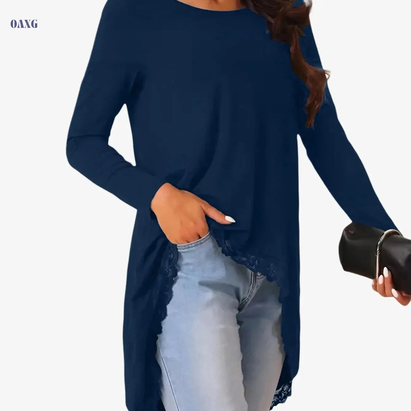 Elegant Solid Color Lace Patchwork Top - Round Neck, Irregular Sleeve   OAXG Black / S