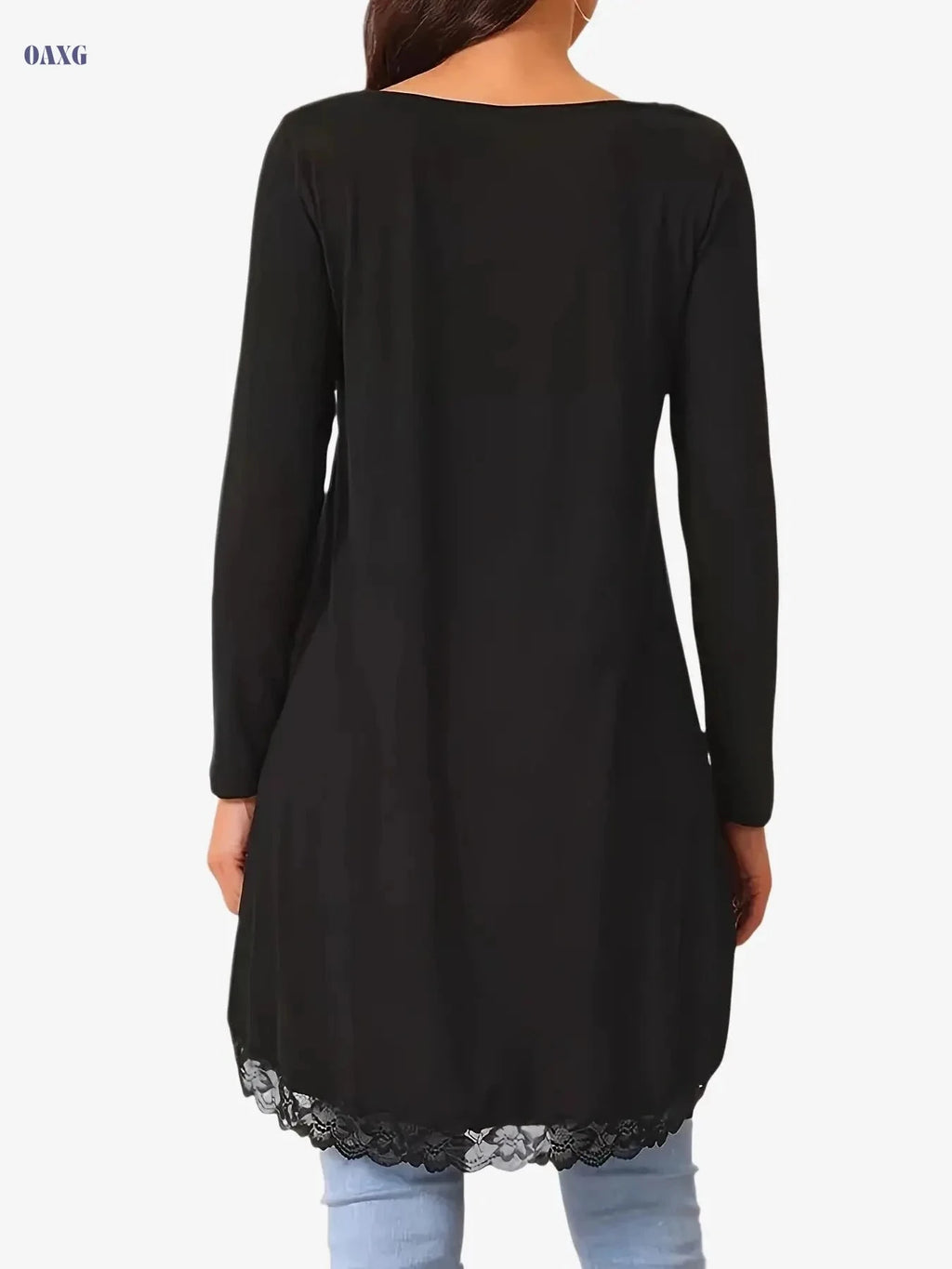 Elegant Solid Color Lace Patchwork Top - Round Neck, Irregular Sleeve   OAXG Black / S