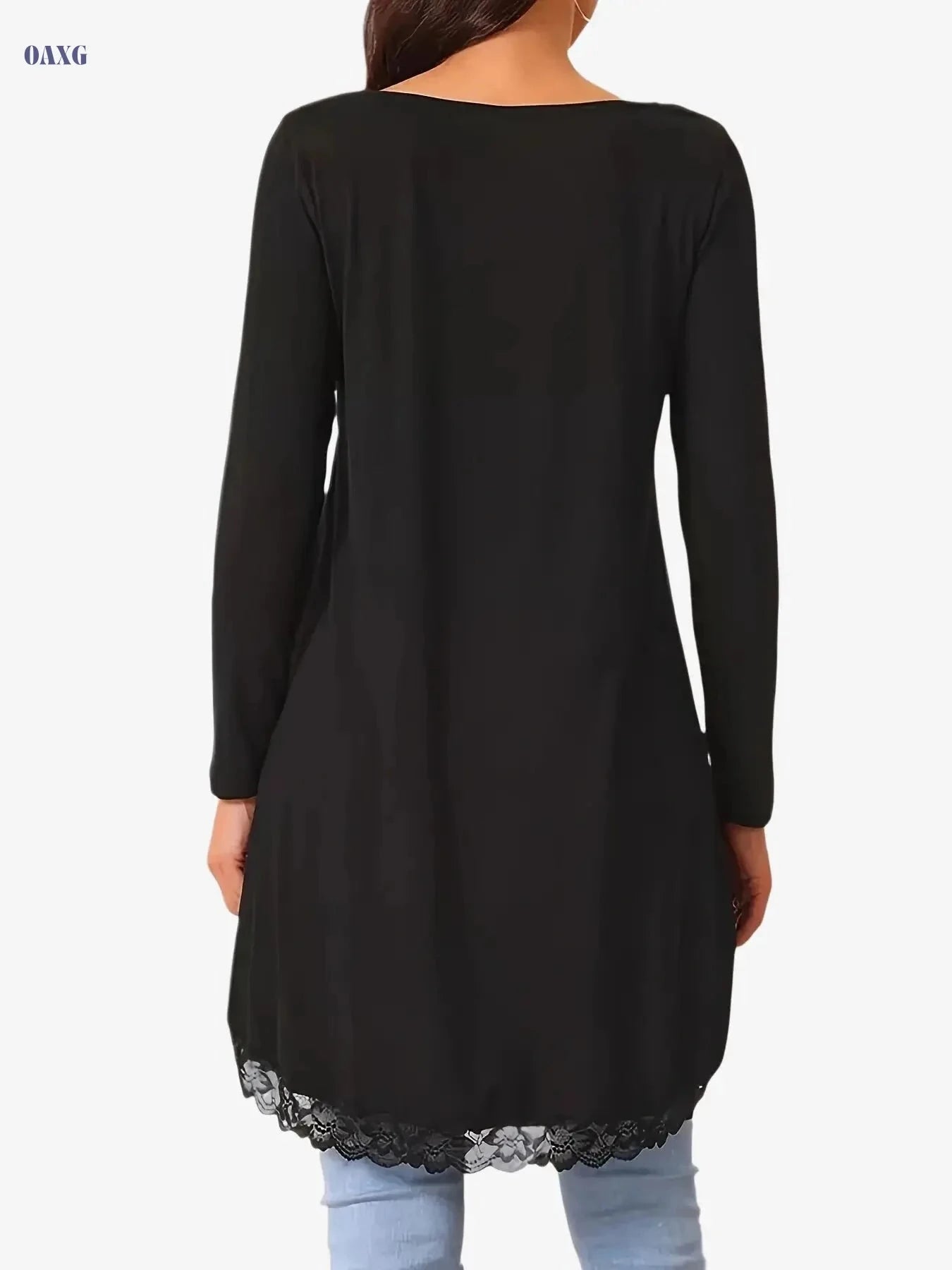 Elegant Solid Color Lace Patchwork Top - Round Neck, Irregular Sleeve   OAXG Black / S
