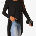 Elegant Solid Color Lace Patchwork Top - Round Neck, Irregular Sleeve   OAXG Black / S