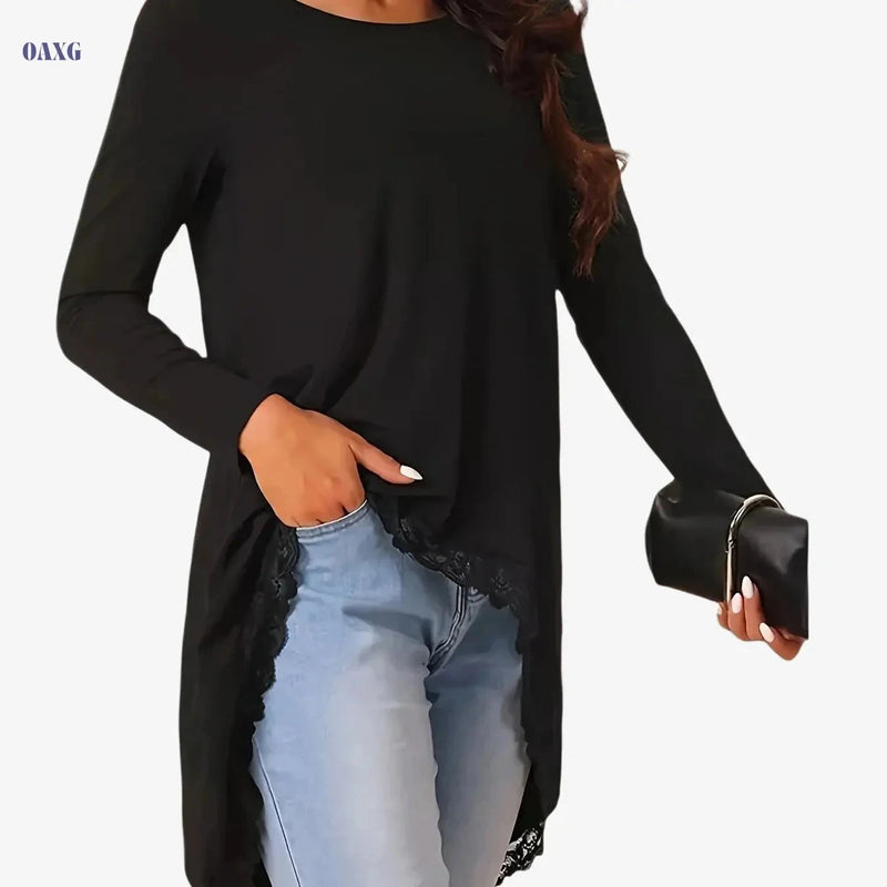 Elegant Solid Color Lace Patchwork Top - Round Neck, Irregular Sleeve   OAXG Black / S