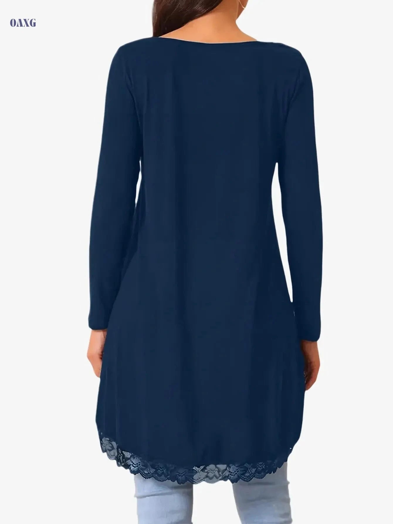 Elegant Solid Color Lace Patchwork Top - Round Neck, Irregular Sleeve   OAXG Black / S
