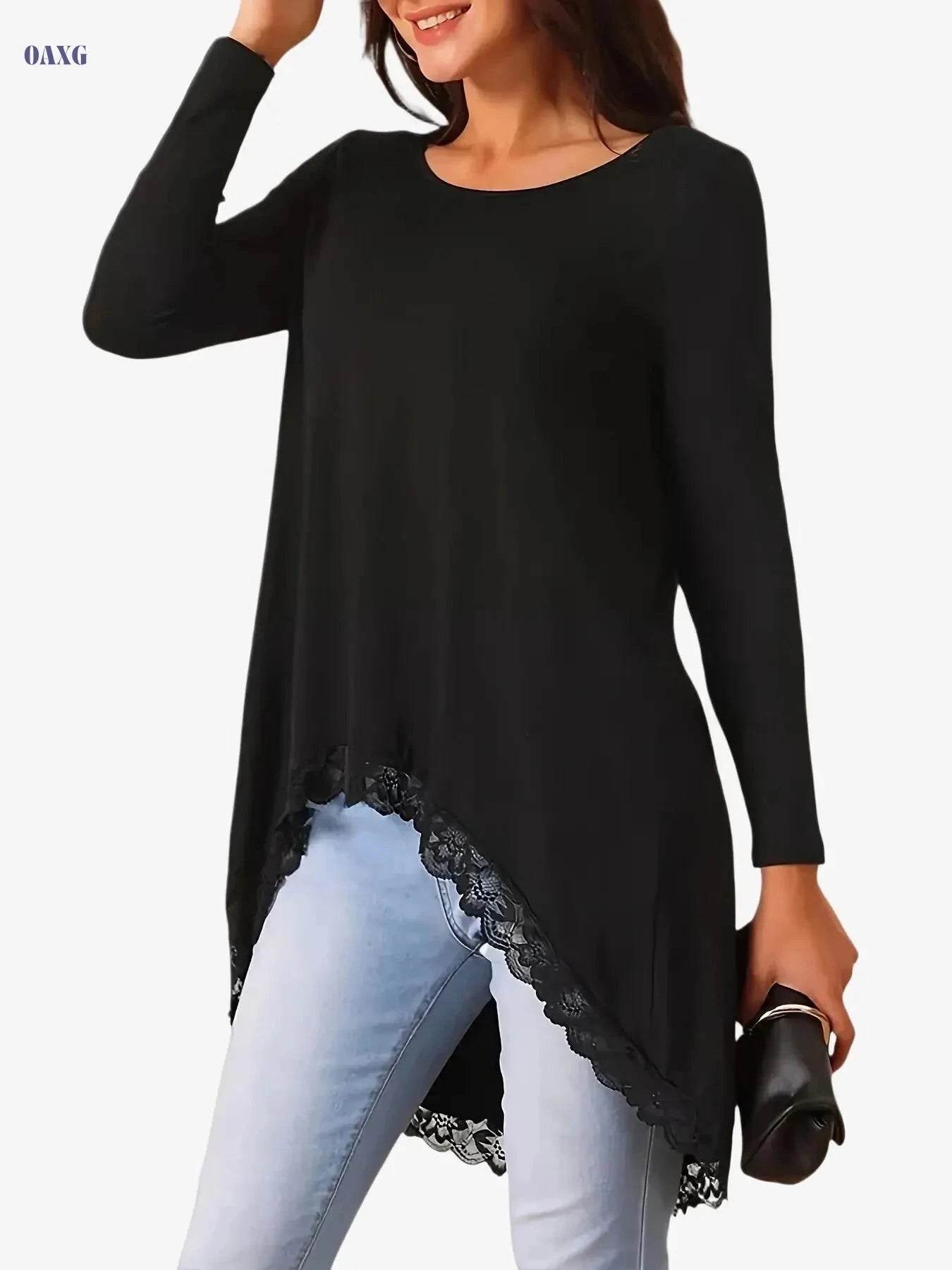 Elegant Solid Color Lace Patchwork Top - Round Neck, Irregular Sleeve   OAXG 