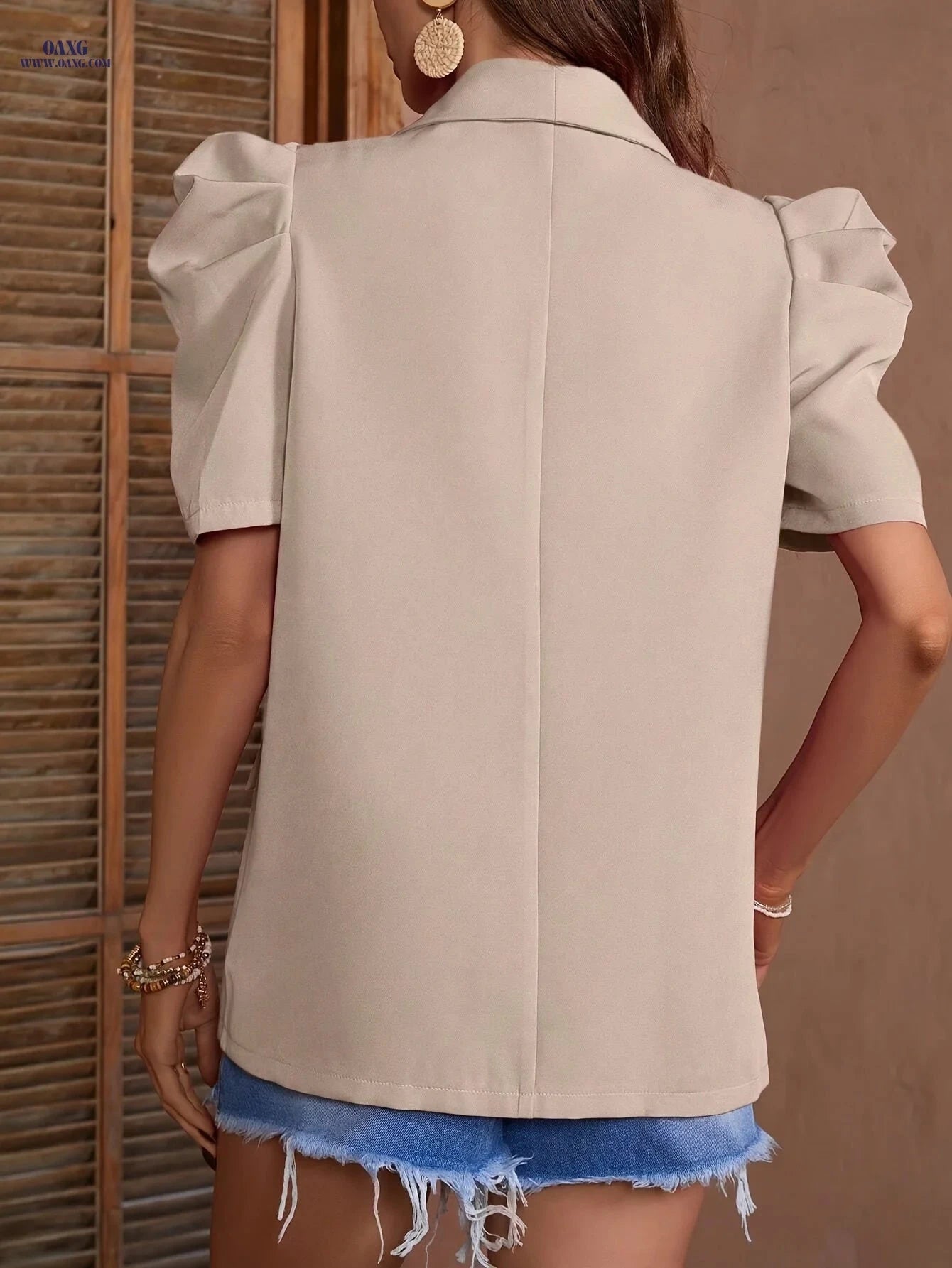 Elegant Solid Color Lantern Sleeve Jacket - Short Sleeve, Button Detail   OAXG 
