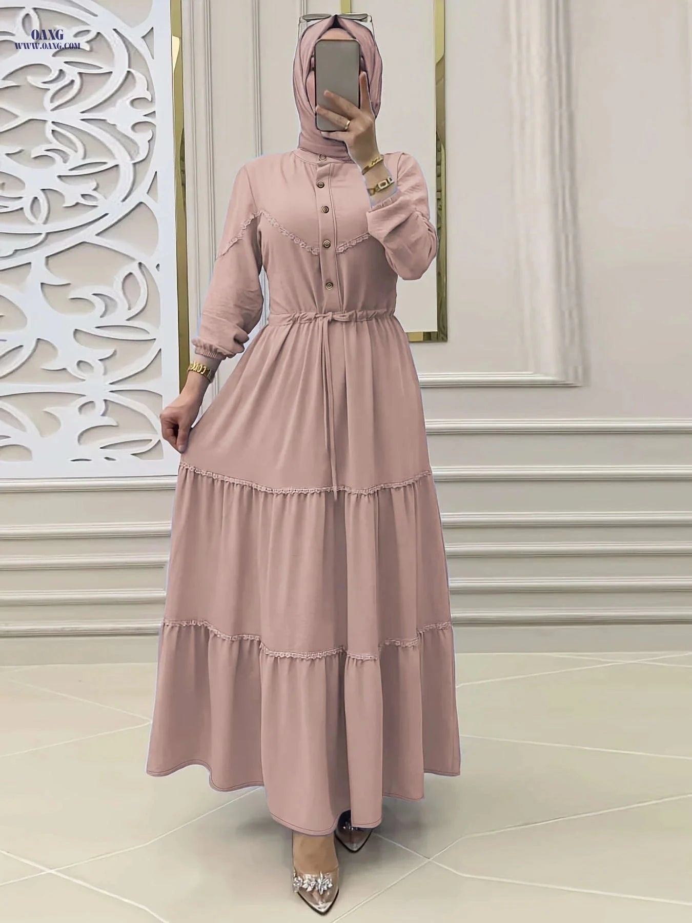Elegant Solid Color Long Dress for Women - Casual Middle Eastern Style   OAXG 