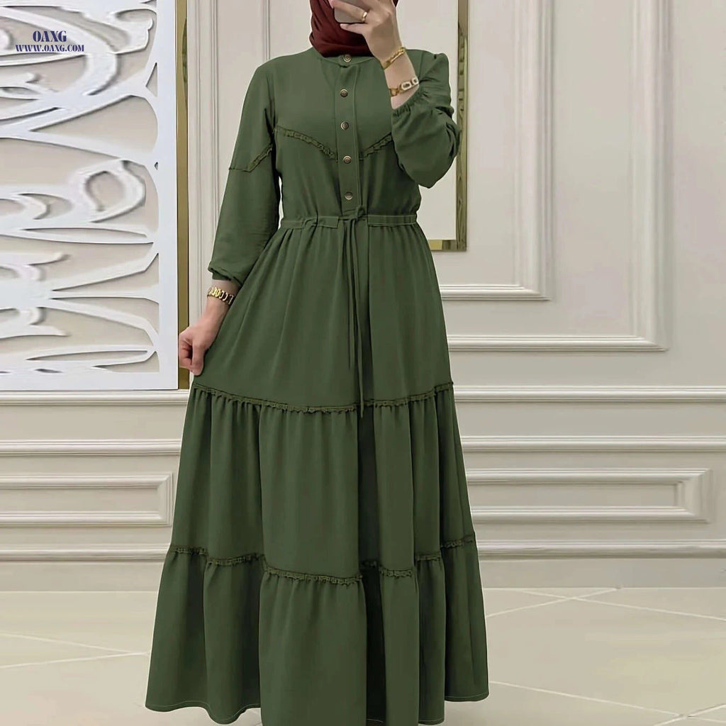 Elegant Solid Color Long Dress for Women - Casual Middle Eastern Style   OAXG 
