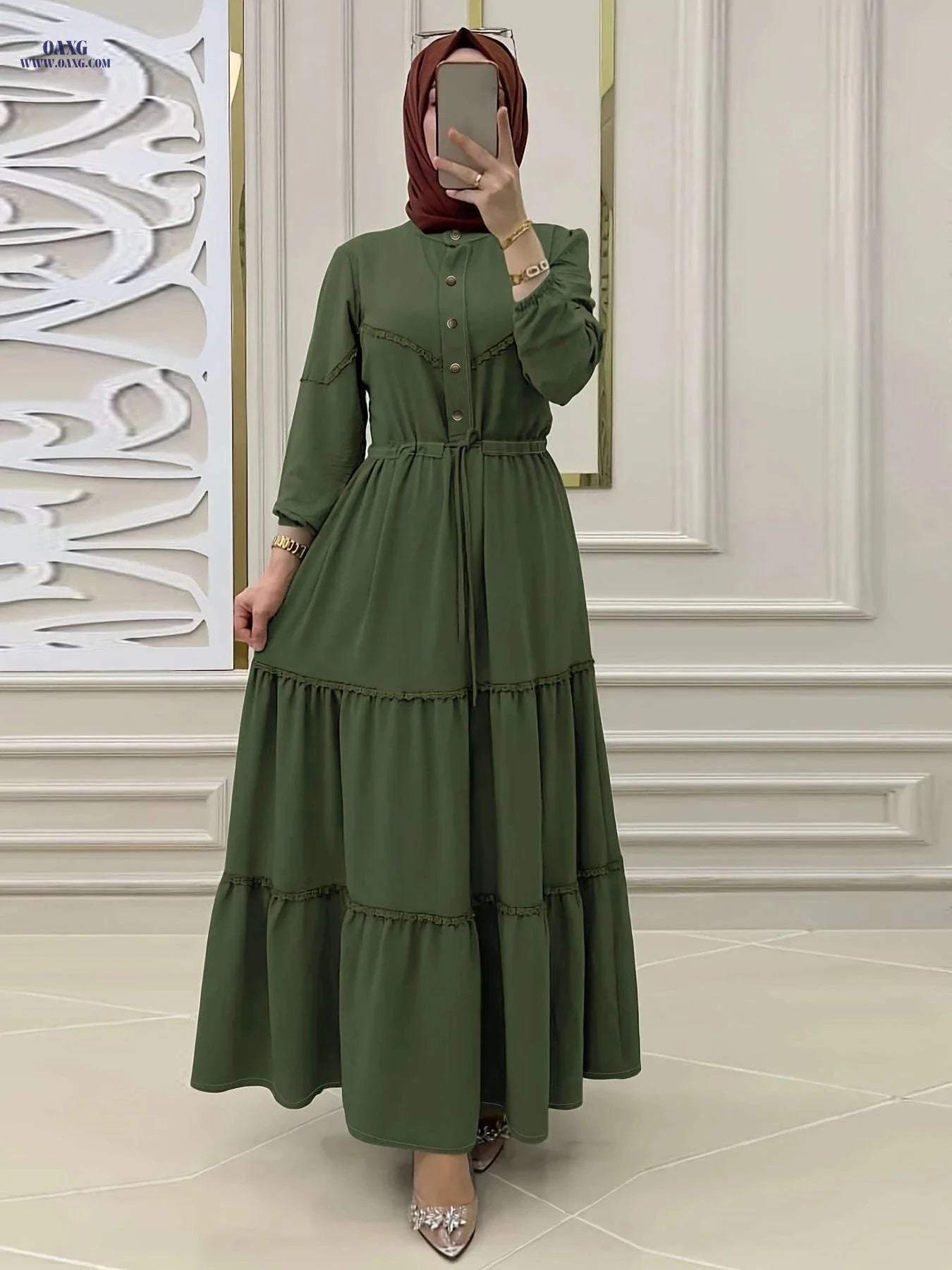 Elegant Solid Color Long Dress for Women - Casual Middle Eastern Style   OAXG Army Green / S