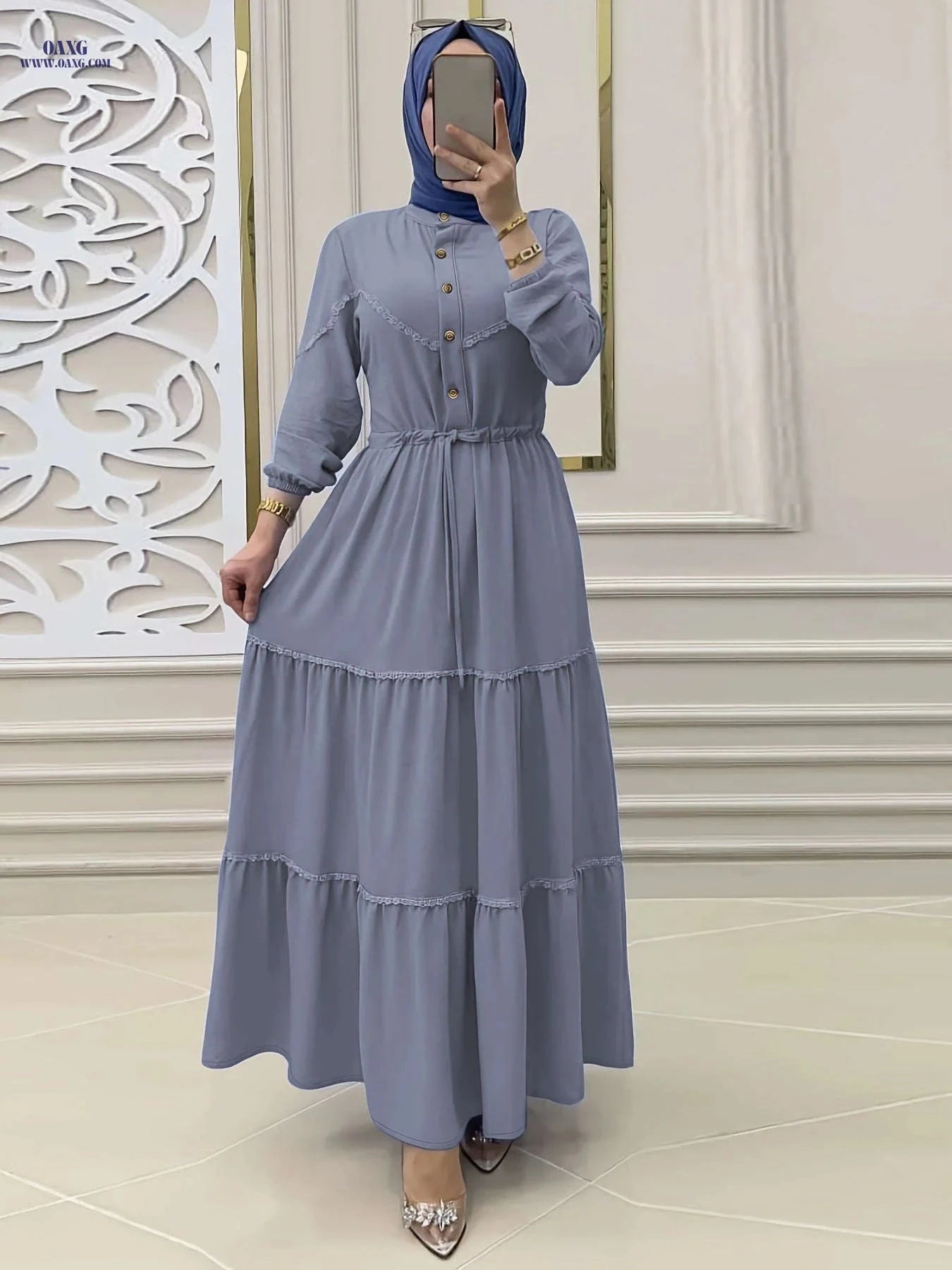 Elegant Solid Color Long Dress for Women - Casual Middle Eastern Style   OAXG Army Green / S