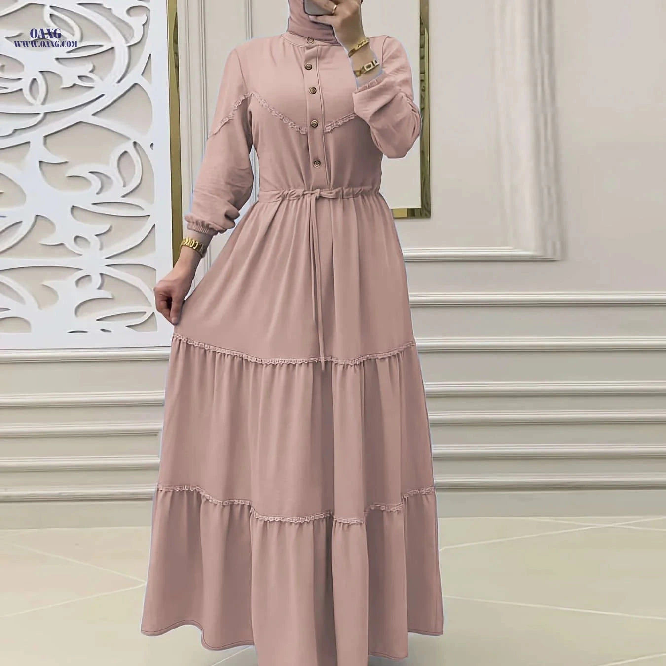 Elegant Solid Color Long Dress for Women - Casual Middle Eastern Style   OAXG 