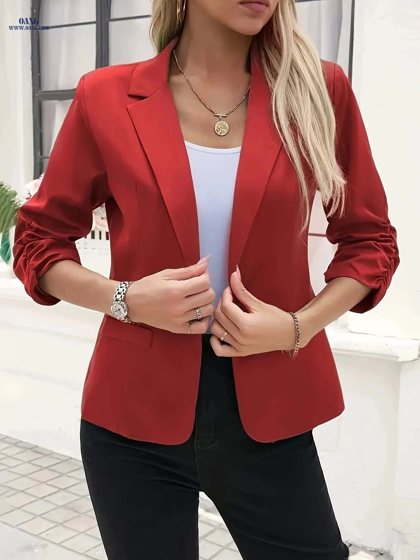 Elegant Solid Color Long-Sleeve Suit - Lantern Sleeve Style   OAXG Red / S