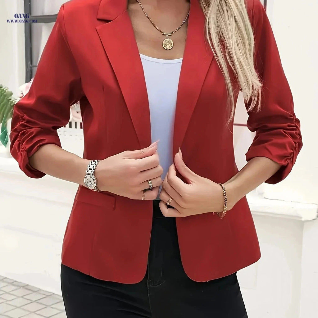 Elegant Solid Color Long-Sleeve Suit - Lantern Sleeve Style   OAXG Red / S